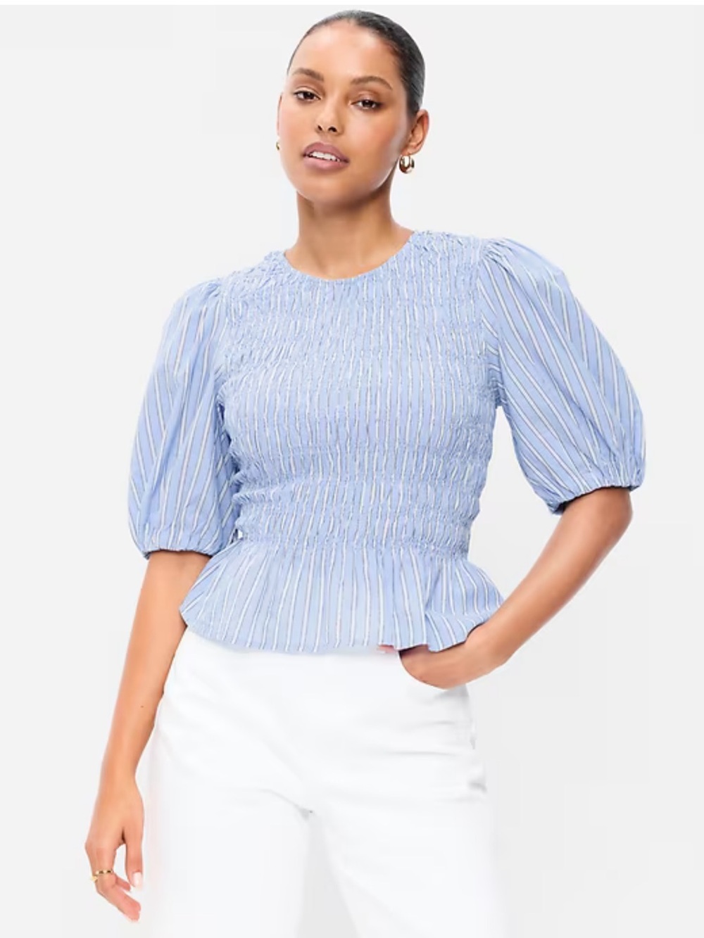 Old Navy Blue Striped Smocked Puff Sleeve Peplum Top Women’s M NW